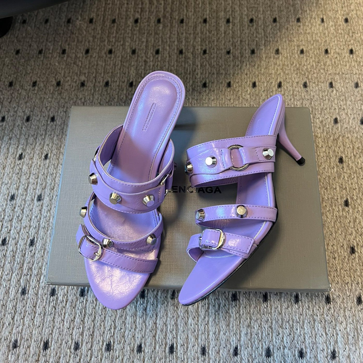 Balenciaga Women's Metal Rivet Decorated Sandals Fine Heeled High Heels Fashion Sexy Solid Colour Basic Slippers Shoes Heel High 8.5cm Ngvp #1466
