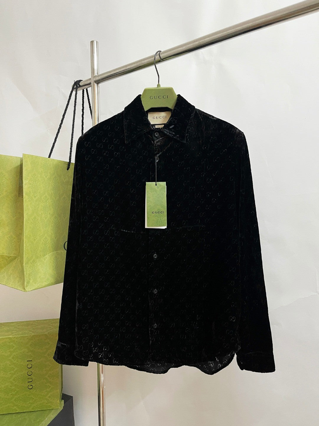 Gucci Men's Spring And Fall Black Logo Pattern Printed Velvet Single breasted Long Sleeved Shirt #72673