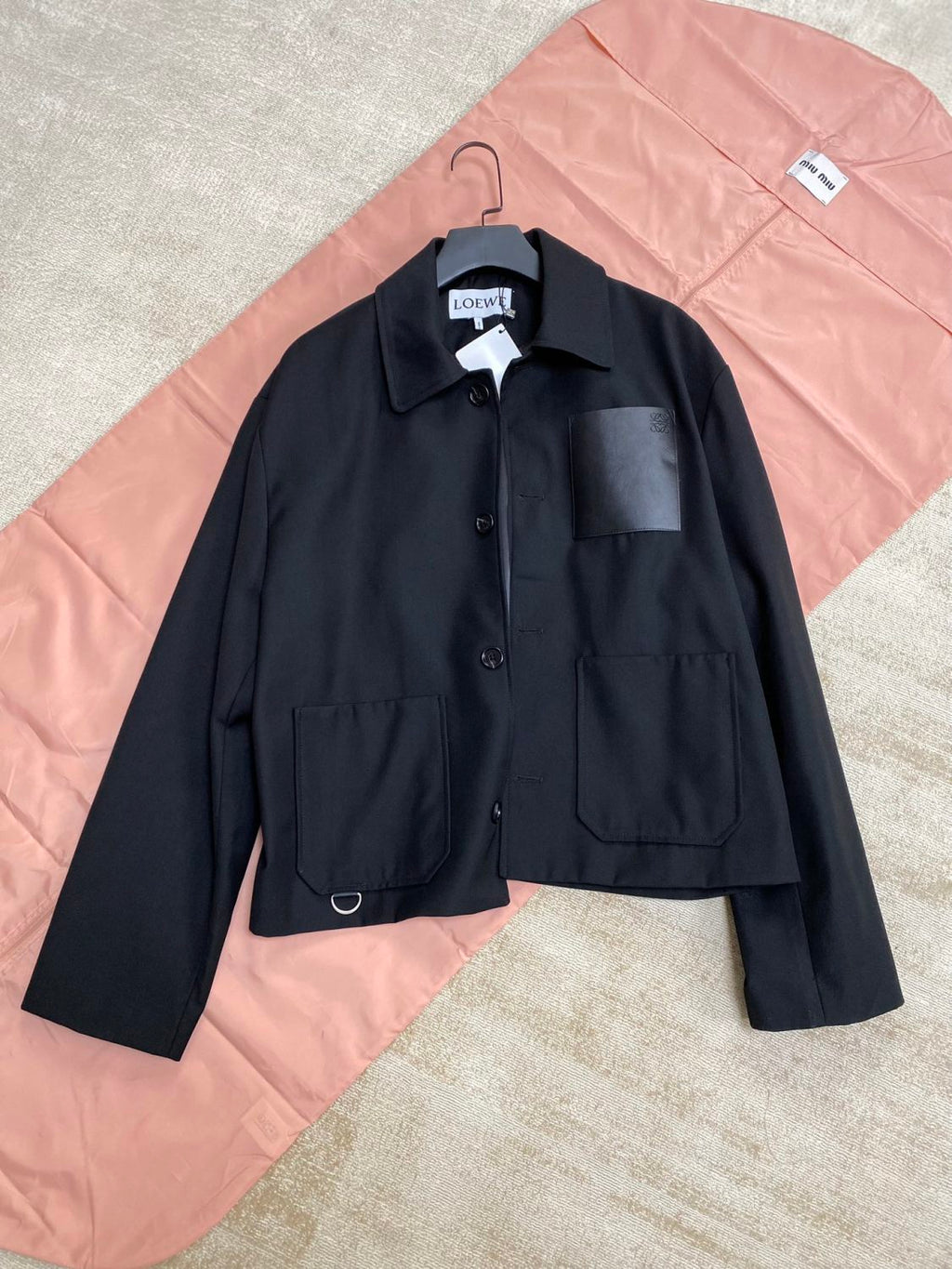 Men's Fall/Winter Logo Embossed Patch Pocket Wool Single Breasted Loose Long Sleeve Jacket #73439