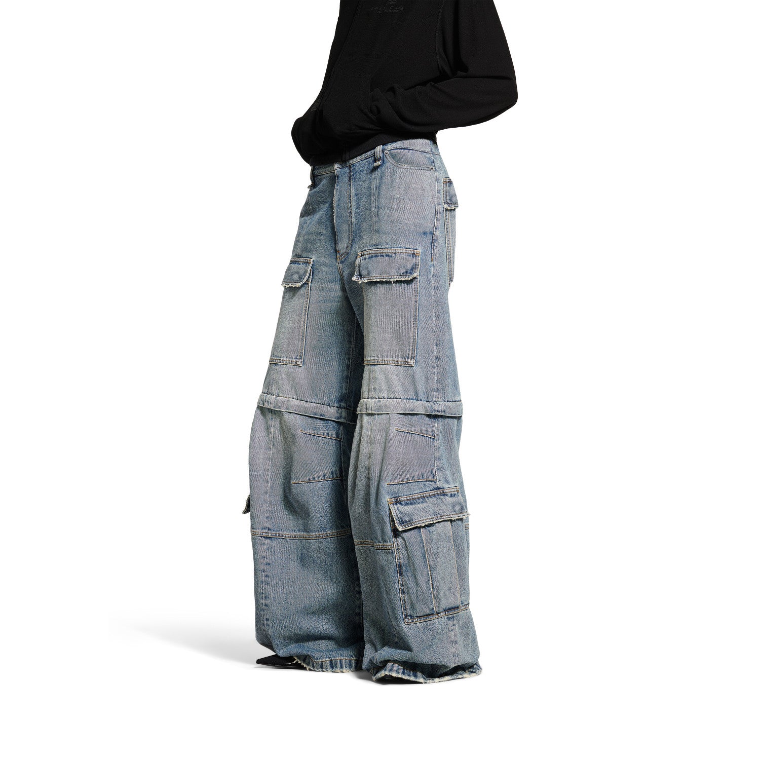 Balenciaga Men's Women's Four Seasons Cotton Solid Color Mid Waist Cargo Flare Trousers Denim Pants Ngvp #1395