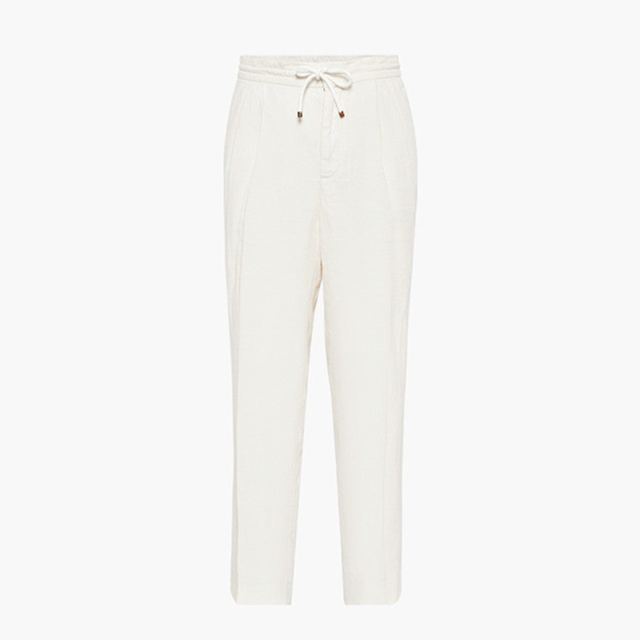 Brunello Cucinelli Men's Four-Season Drawstring Tie-Waist Plain-Colored Fitted Casual Linen Pants Ngvp #2296