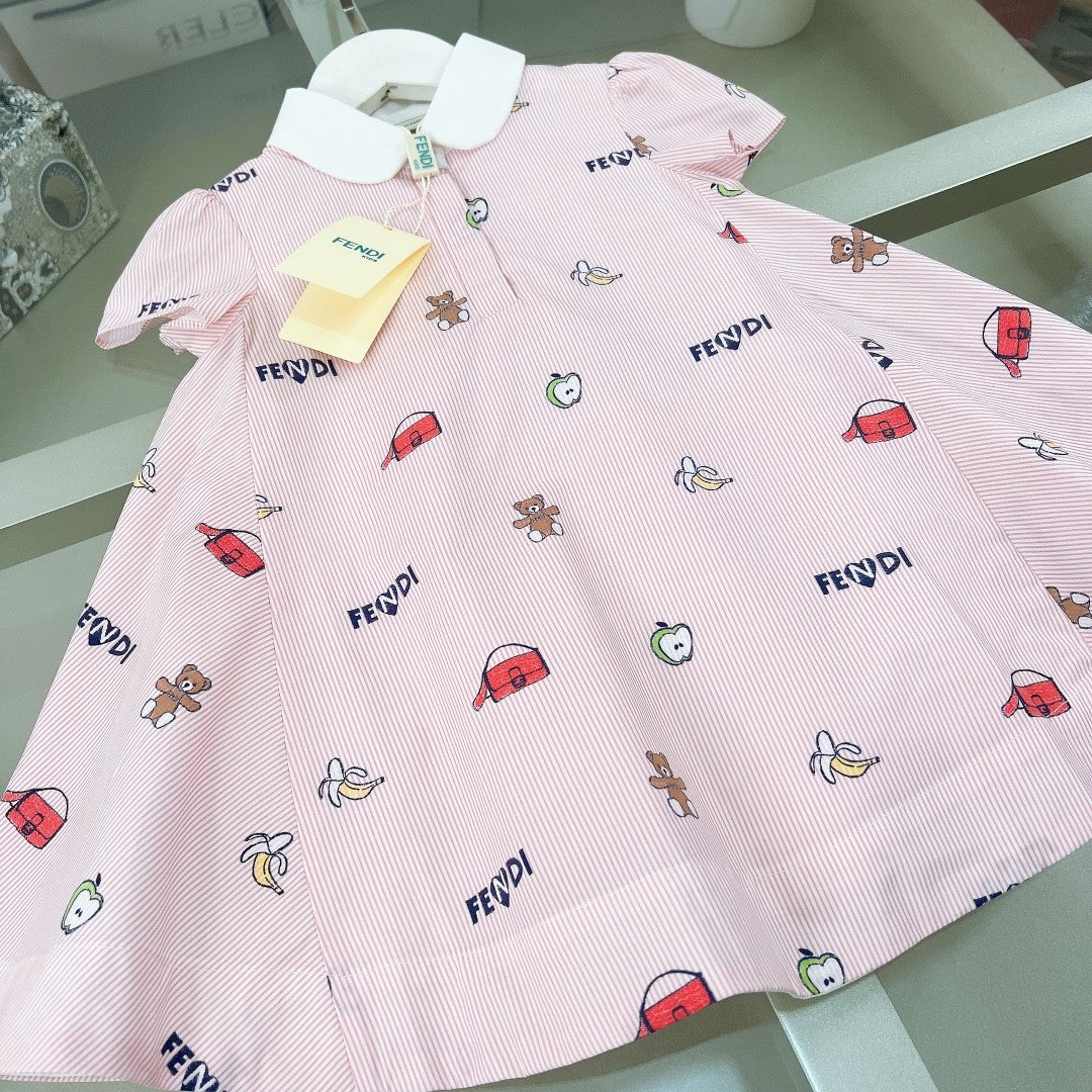 Fendi Kid's Spring And Summer Pink Letter Print Lapel Short-Sleeved Casual Dresses #31256