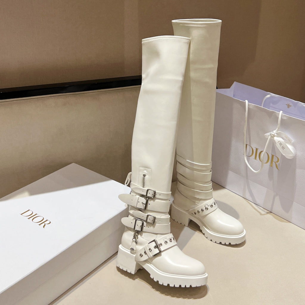 Dior D-Fight Women's Fall/Winter Classic Fashion Round-Toe Zipper Chunky Heel Leather Over-the Knee Boots Shoes #78766
