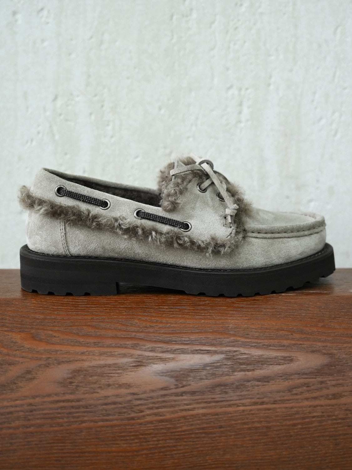 Brunello Cucinelli Bead Embellished Shearling Trimmed Suede Loafers #333658