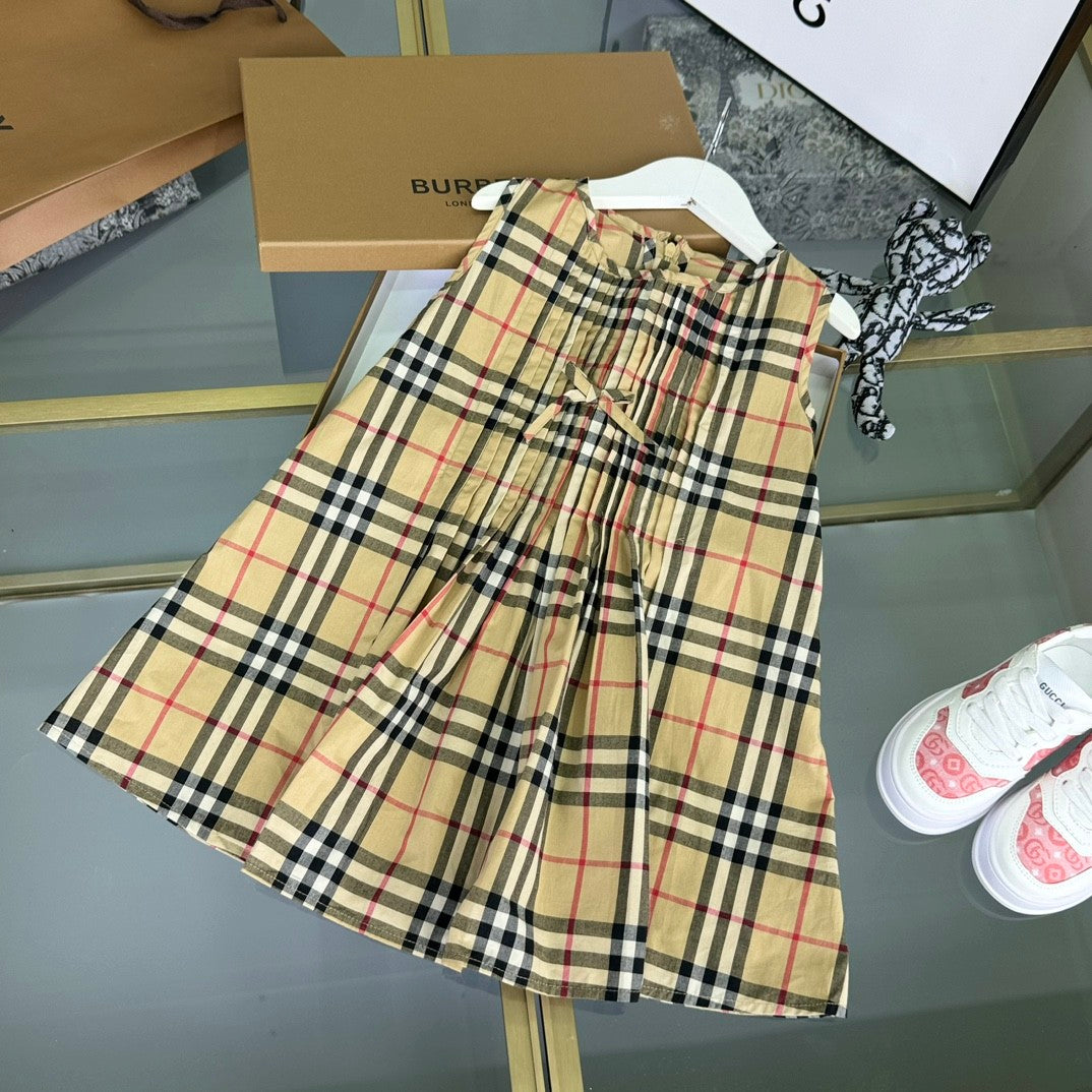 Burberry Kid's Summer Plaid Full Print Cotton Round Neck Short Pleated Sleeveless Dress #31313