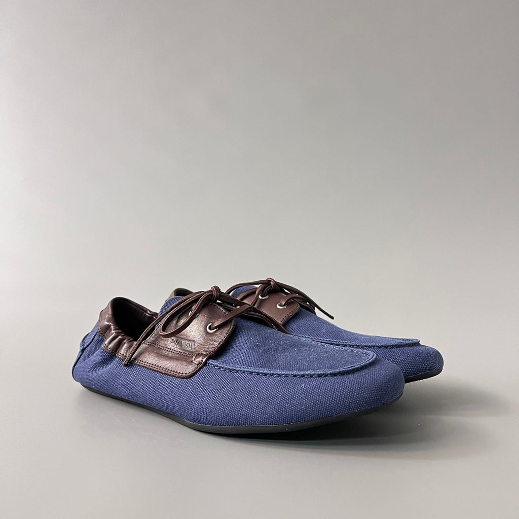 PRADA Shuffle Aged Canvas And Leather Boat Shoes #381722