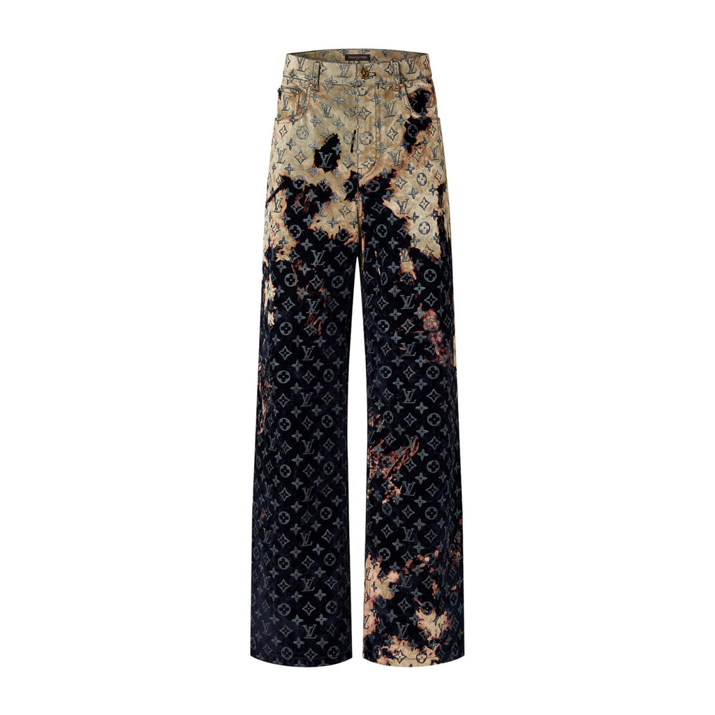 Louis Vuitton Men's Autumn and Winter Pattern Printed Lapel Single Breasted Denim Jacket Jeans Pants Set Suit #97775