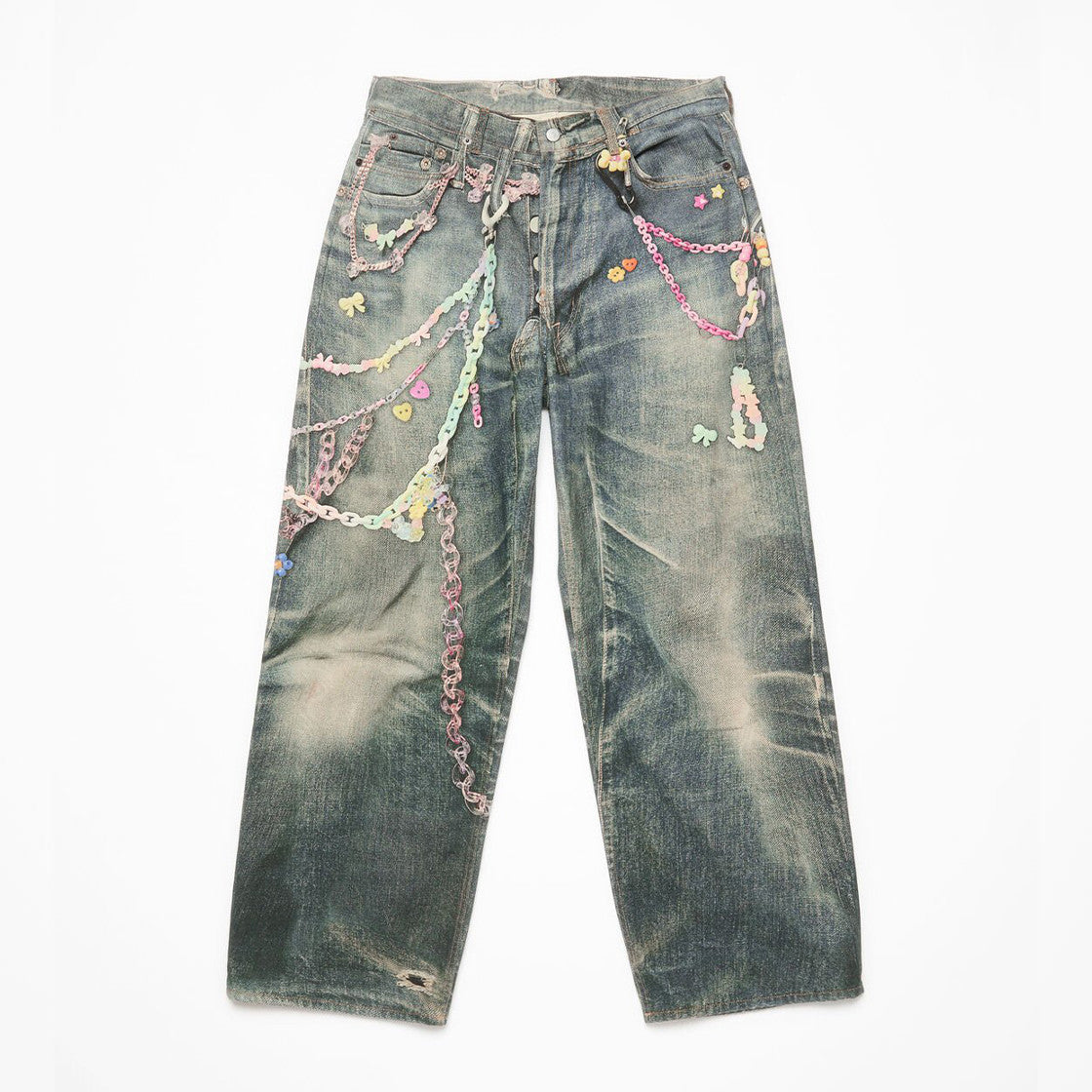Acne Studios Men's Women's Four Seasons Chain Printed Loose Low Waist Solid Color Baggy Fit  Leg Denim Pants Ngvp #1386