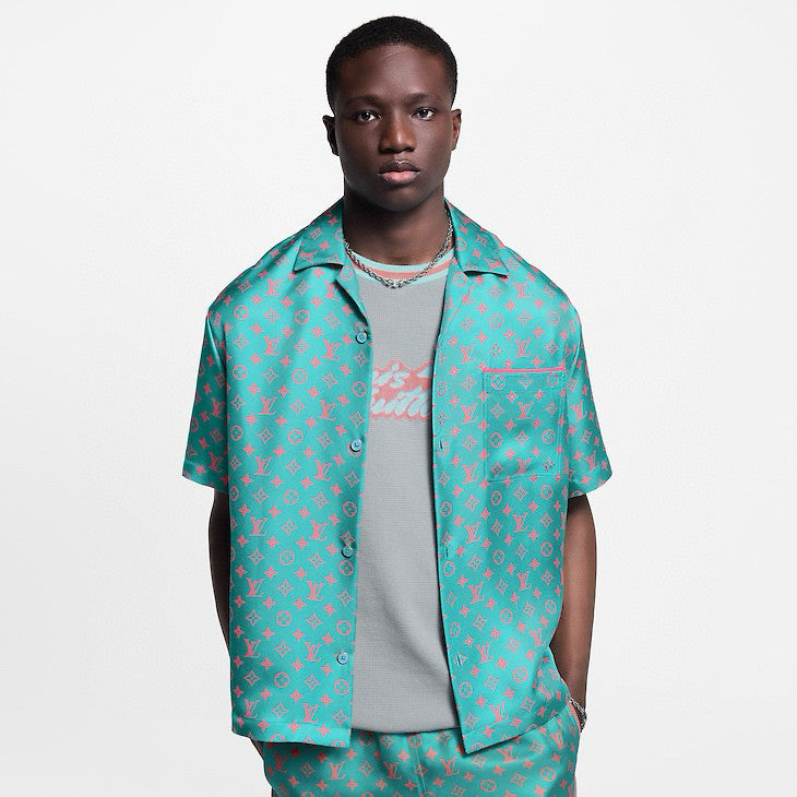 Louis Vuitton Men's Summer Solid Color Letter Print V-Neck Single Button Short Sleeve Shirt and Casual Drawstring Shorts Set Suit #77244