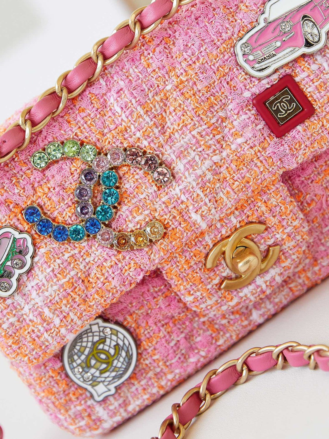 Chanel Women's Pink Chain Tartan Fabric Badge Print Single Shoulder Crossbody Bag Bags #77412