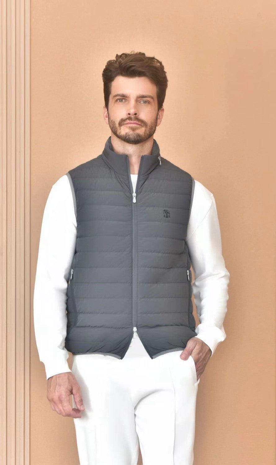 Brunello Cucinelli Men's Logo Embroidered High Neck Zipper Solid Color Fitted Straight Sleeveless Down Vest Ngvp #9665