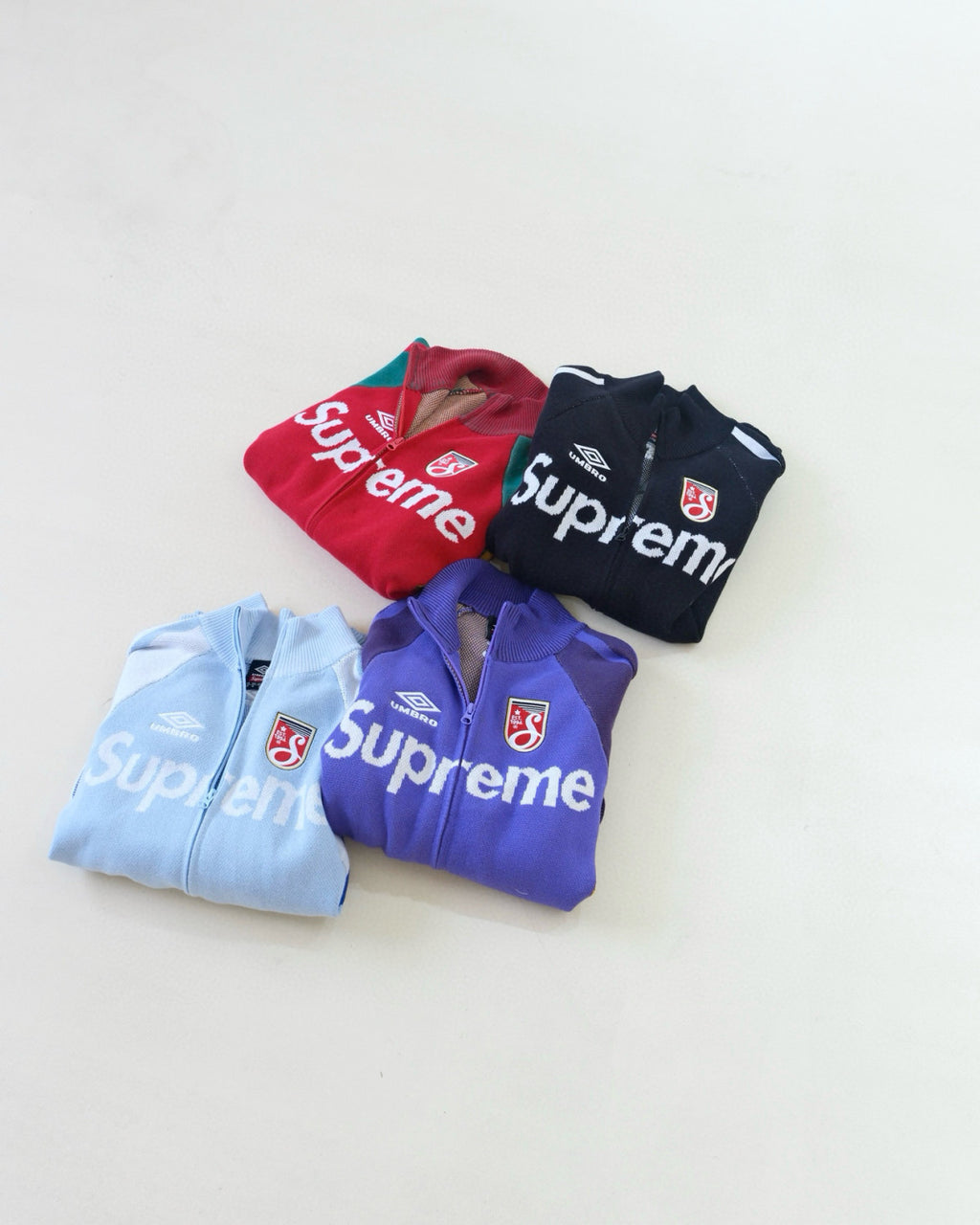 Supreme X UMBRO ZIP UP SWEATER Men's And Women's Spring And Summer Color-blocked Long-sleeved Knit Sweater With Embroidered Logo On The Chest Jacket And Casual Drawstring Shorts Set Suit #77888