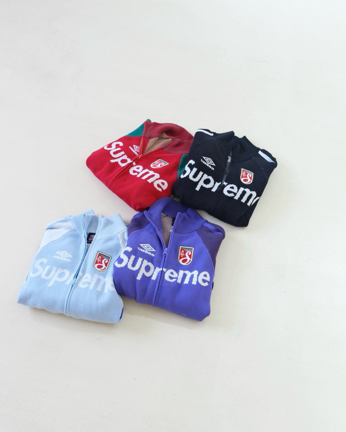 Supreme X UMBRO ZIP UP SWEATER Men's And Women's Spring And Summer Color-blocked Long-sleeved Knit Sweater With Embroidered Logo On The Chest Jacket And Casual Drawstring Shorts Set Suit #77888