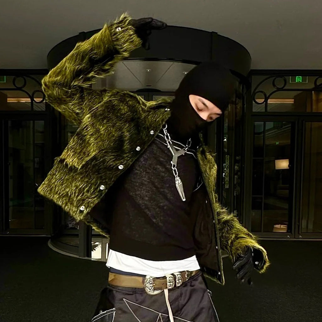 Rick Owens Men's spring and fall trend of high street retro yellow-green plush cowhide jacket lapel single-breasted casual jacket Ngvp #8247