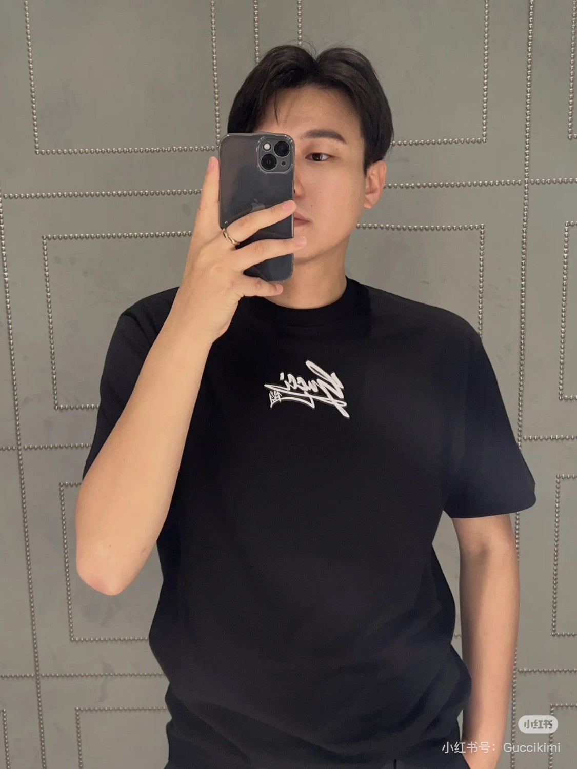 Gucci Men's Spring And Summer All Black Letters Printed Knitted Cotton T-shirt Retro Fashion Loose Short-sleeved T-shirt #71485