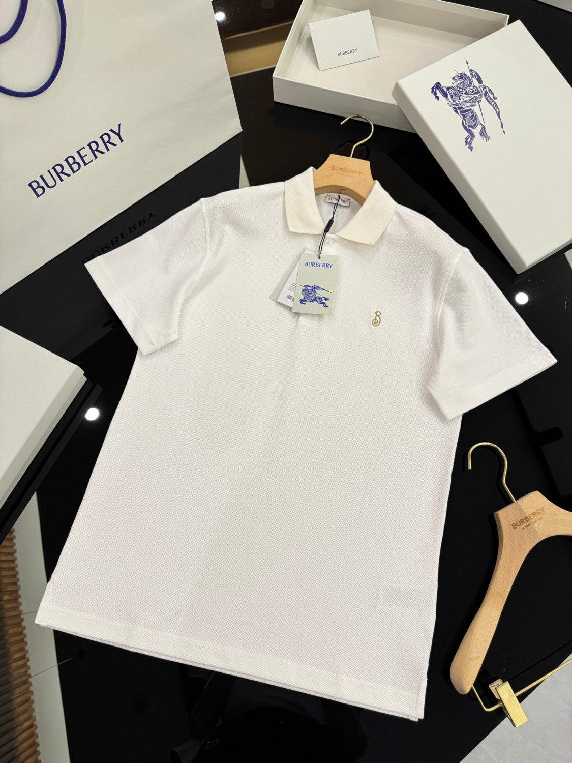 Burberry Men's Summer Solid Color Embroidered Logo Pearl Cotton Polo Neck Short Sleeve T-Shirt #77826