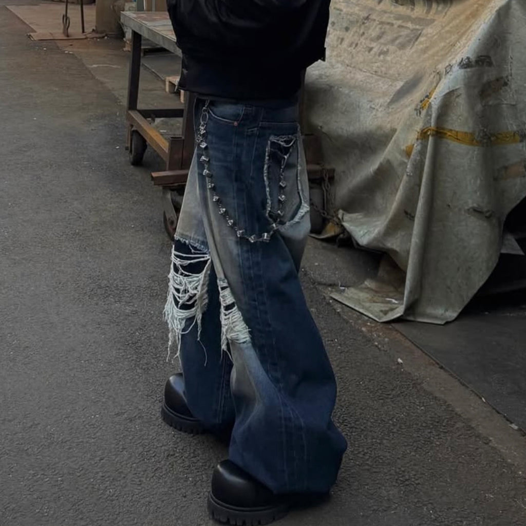 Vetements Men's Spring And Summer High-waisted Wide-leg Destruction Jeans Trend Retro Wide-leg Straight Pants Ngvp #1714