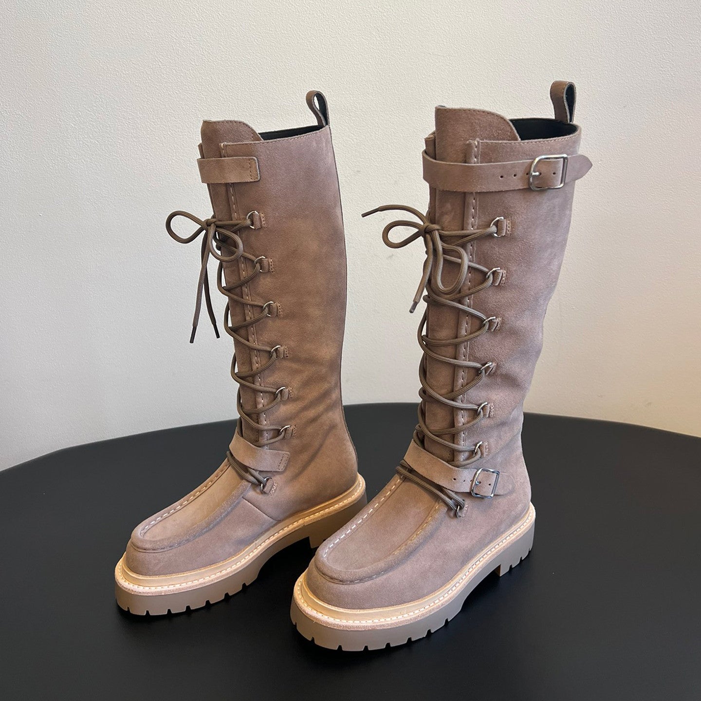 Hermes Women's Fall/Winter Cowhide Suede Lace-Up Knee-High Boots Solid-Color Buckle Casual Shoes Riding Boots Ngvp #2327