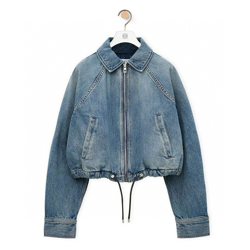 Loewe Women's Spring/Fall High-Street Lapel Zipper Drawstring Solid-Color Denim Jacket #81716
