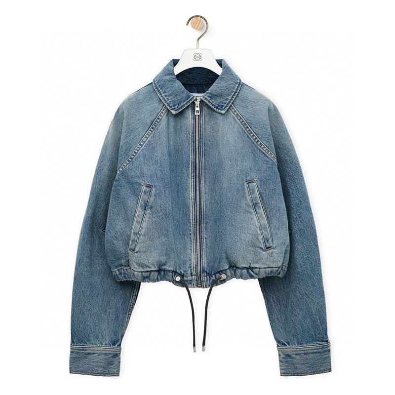 Loewe Women's Spring/Fall High-Street Lapel Zipper Drawstring Solid-Color Denim Jacket #81716