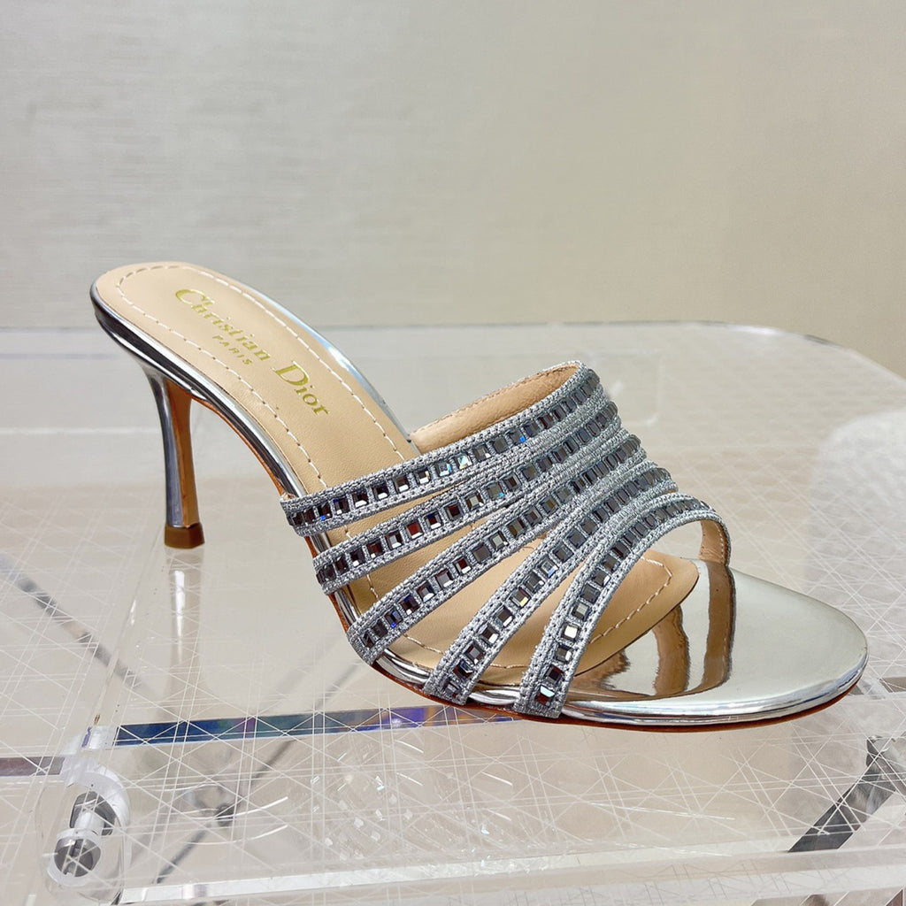 Dior Gem High Heel Fashion Sandals Slippers Women's Spring And Summer Black Silver Gold 8cm Leather Shoes Heel Fashion Temperament Sexy High Heel Shoes #81416