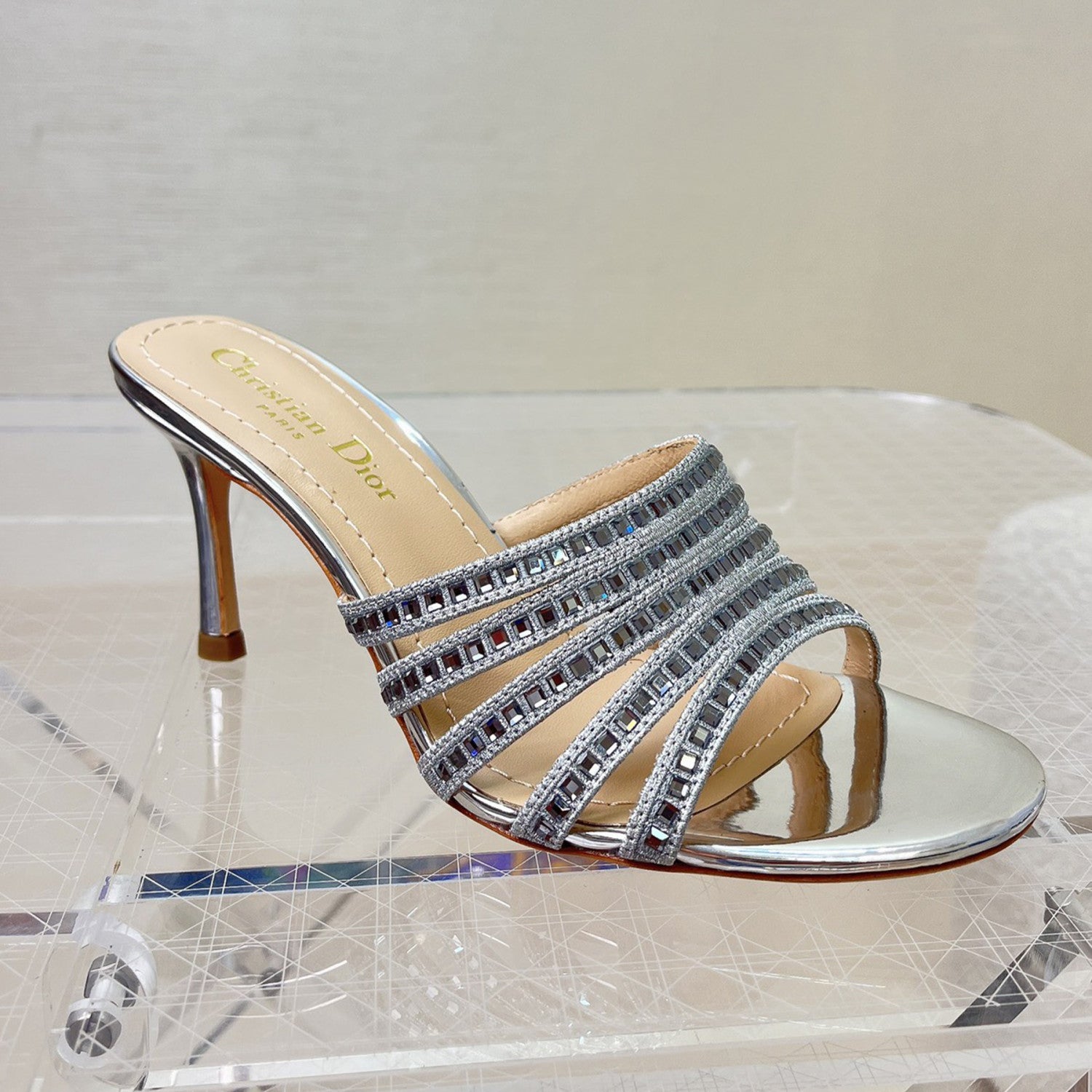Dior Gem High Heel Fashion Sandals Slippers Women's Spring And Summer Black Silver Gold 8cm Leather Shoes Heel Fashion Temperament Sexy High Heel Shoes #81416