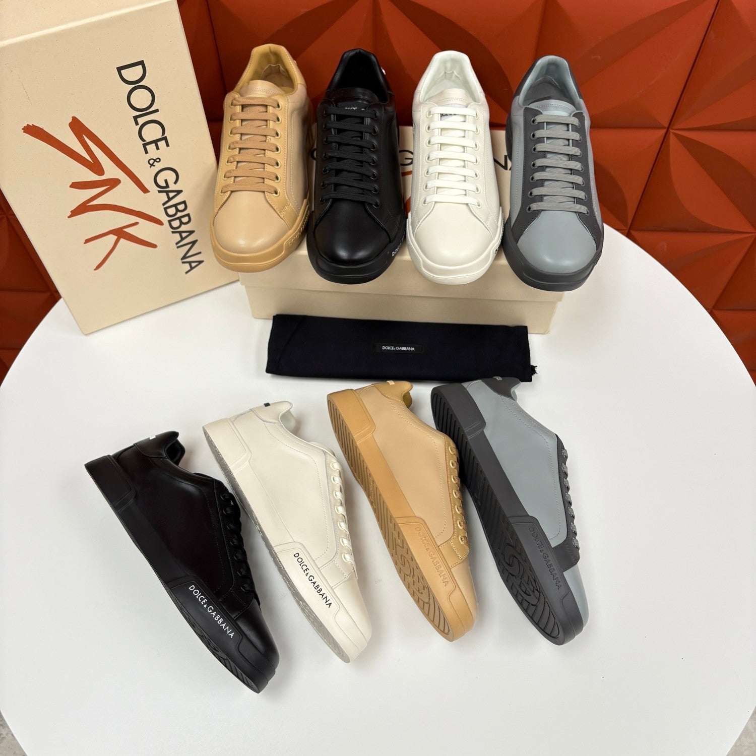 Dolce&Gabbana Men's And Women's Spring/Fall Fashion Casual Round Toe Lace Up Solid Color Leather Printed Rubber Sole Sneakers Shoes #78728