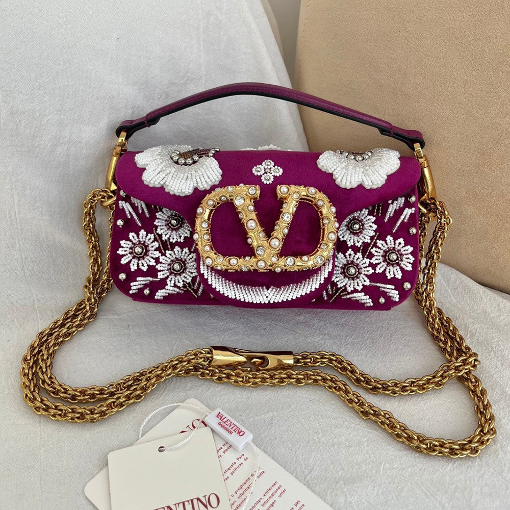 Valentino Women's Garavani Mini Loco 3d Embroidered Handbag With Swarovski Crystal Accents Vlogo Signature Magnetic Clasp Clutch With Chain Strap Bag Bags #196169