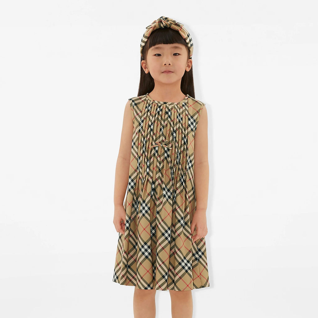 Burberry Kid's Summer Plaid Full Print Cotton Round Neck Short Pleated Sleeveless Dress #31313