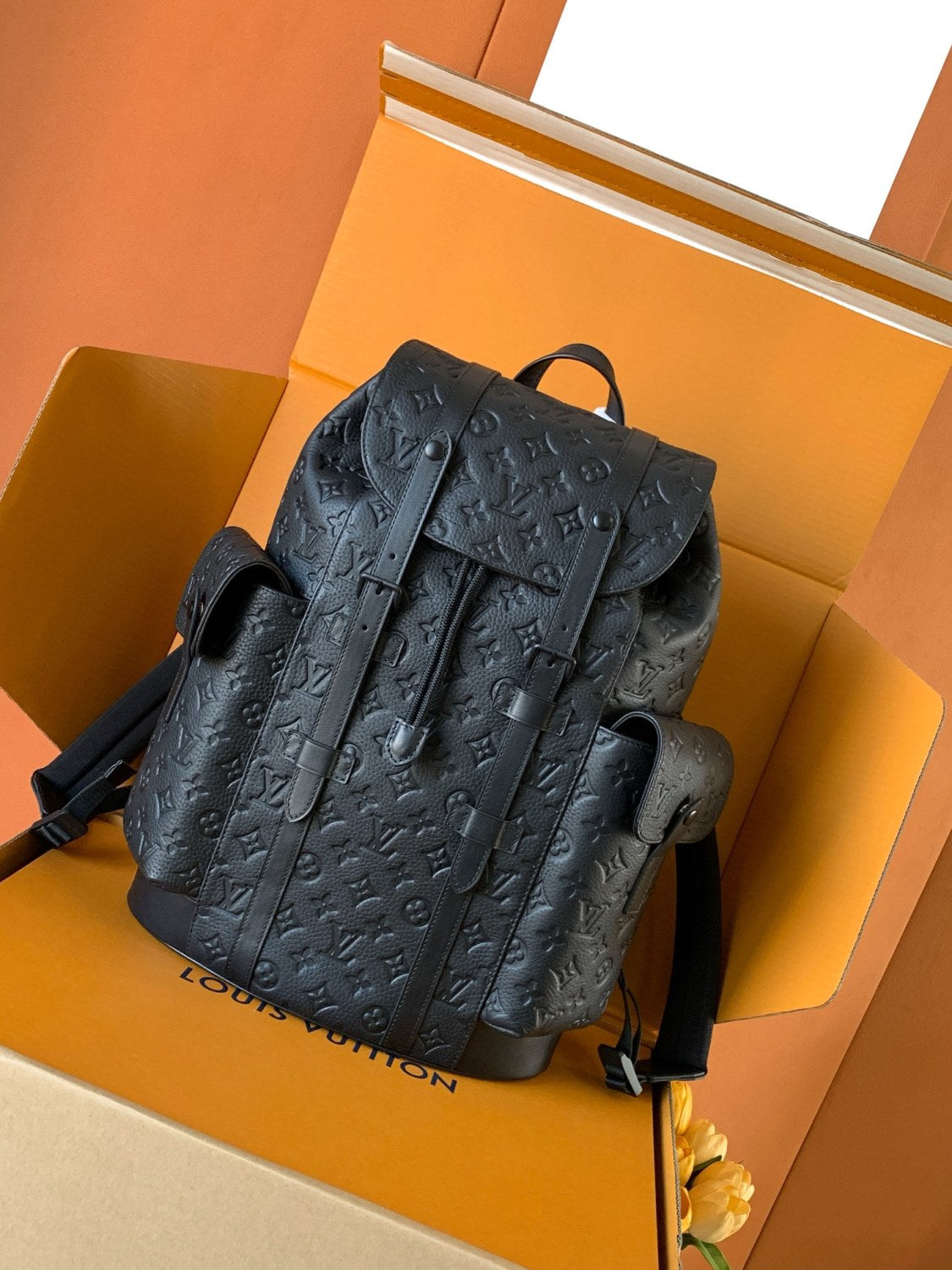 Louis Vuitton Christopher Men's Black Dark Logo Printed Drawstring Flap Closure Cowhide Leather Backpack Shoulder Bag Bags #77954