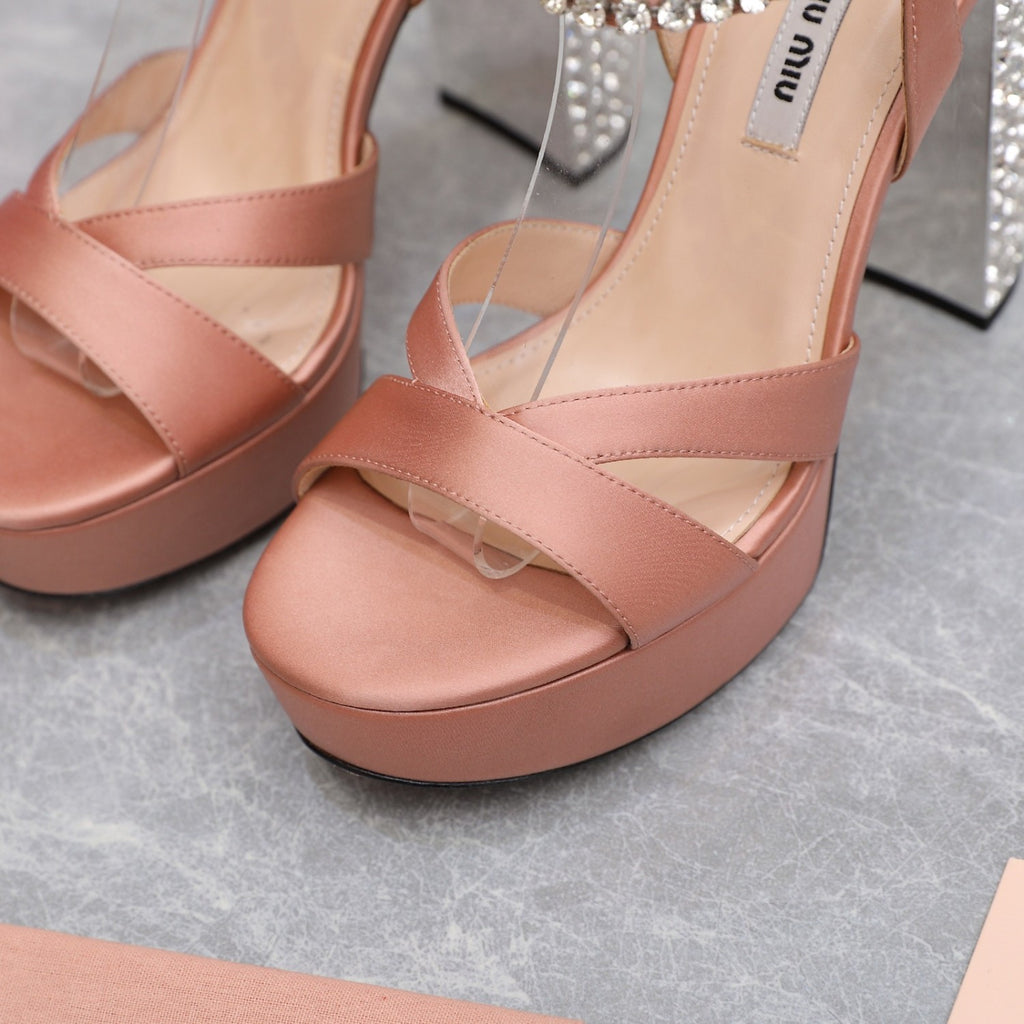 MiuMiu Women's Summer Solid Colour Sheepskin Diamonds High Heeled Sandals Shoes #76786