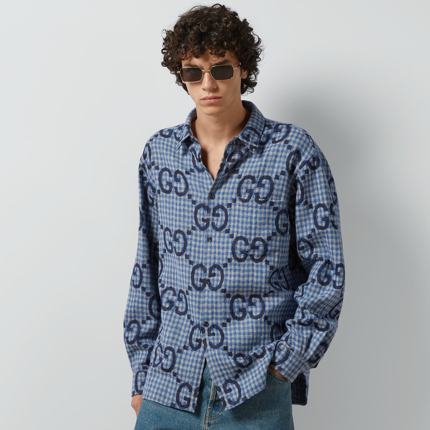 Gucci Men's Spring and Autumn Blue Letter Printed Single Breasted Long Sleeve Lapel Shirt #98873
