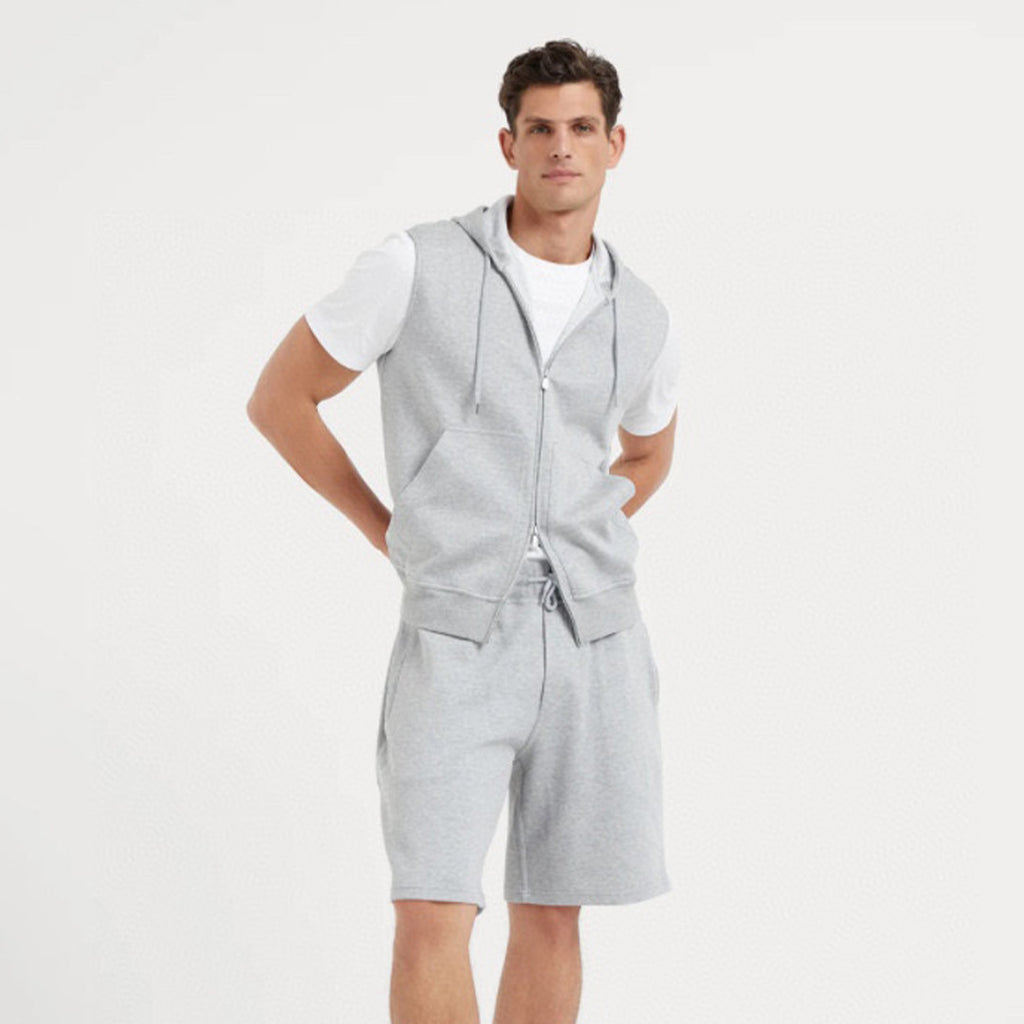Brunello Cucinelli Men's Spring And Autumn Solid Color Zipper Drawstring Cotton Hooded Vest Casual Tie Shorts Ngvp #9218