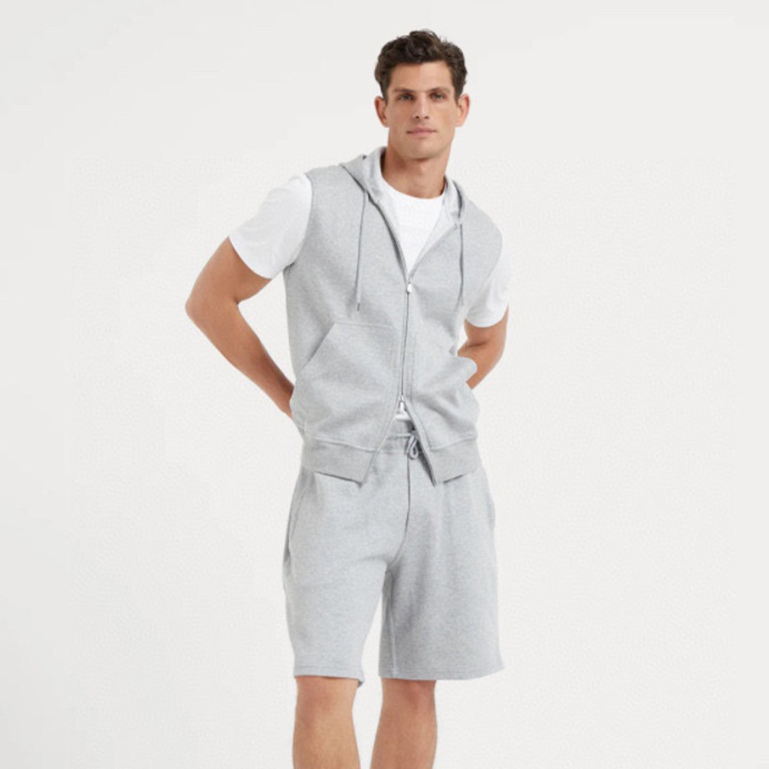 Brunello Cucinelli Men's Spring And Autumn Solid Color Zipper Drawstring Cotton Hooded Vest Casual Tie Shorts Ngvp #9218