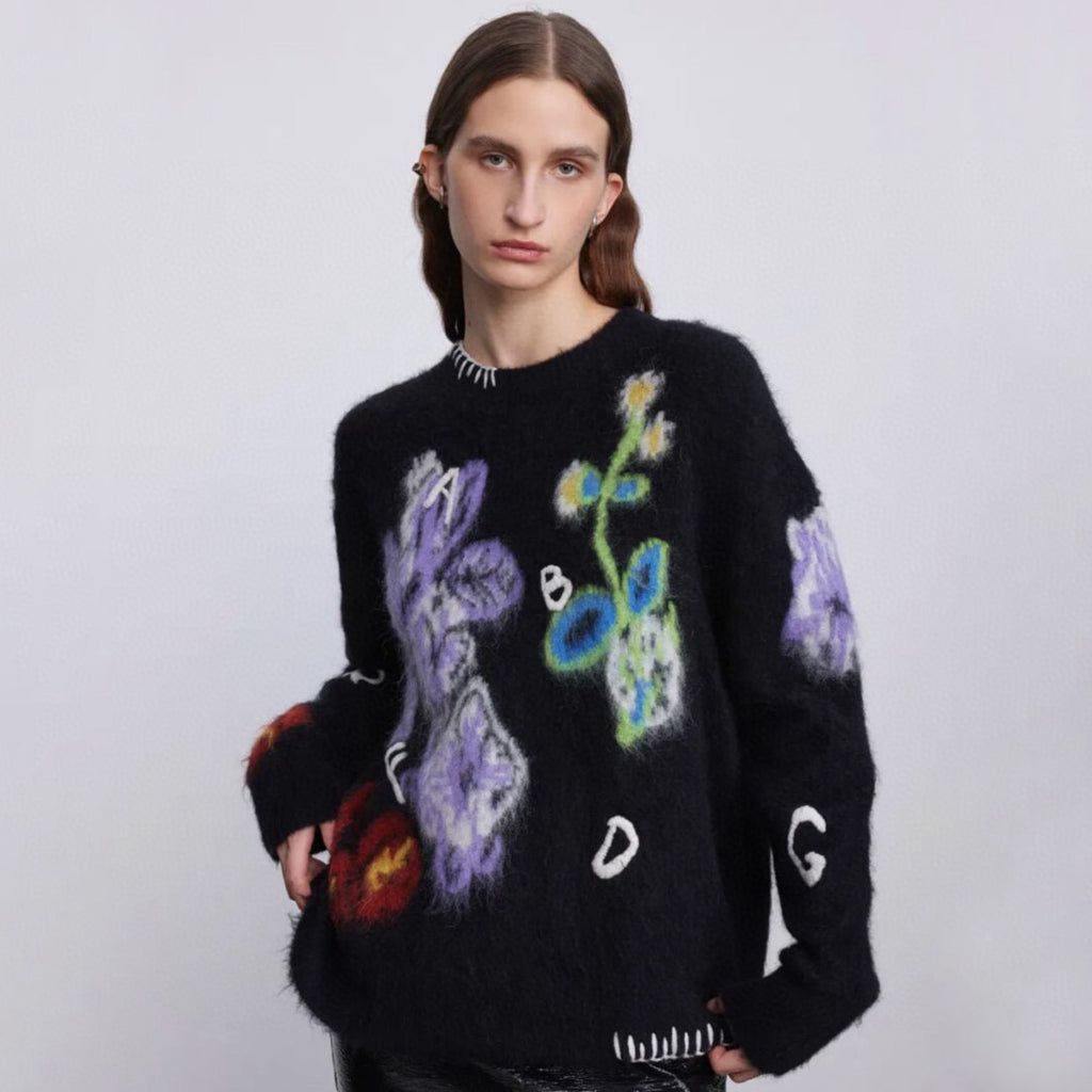 Fabrique Men's Women's Autumn And Winter Floral Letter Jacquard Crew Neck Pullover Loose Mohair Wool Knit Sweater Ngvp #7481