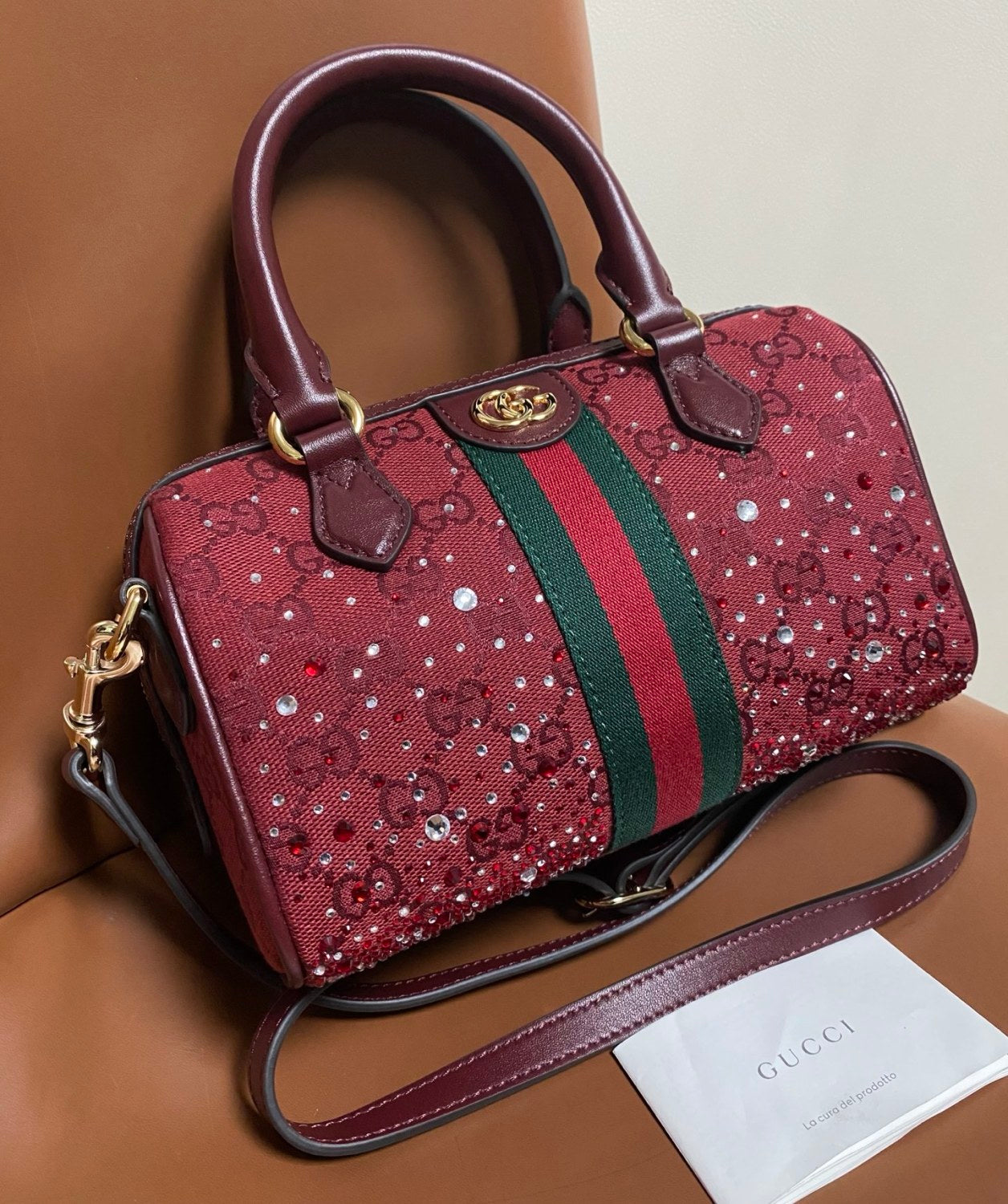 GUCCI Ophidia crystals small boston bag in Rosso Ancora red GG canvas #335872