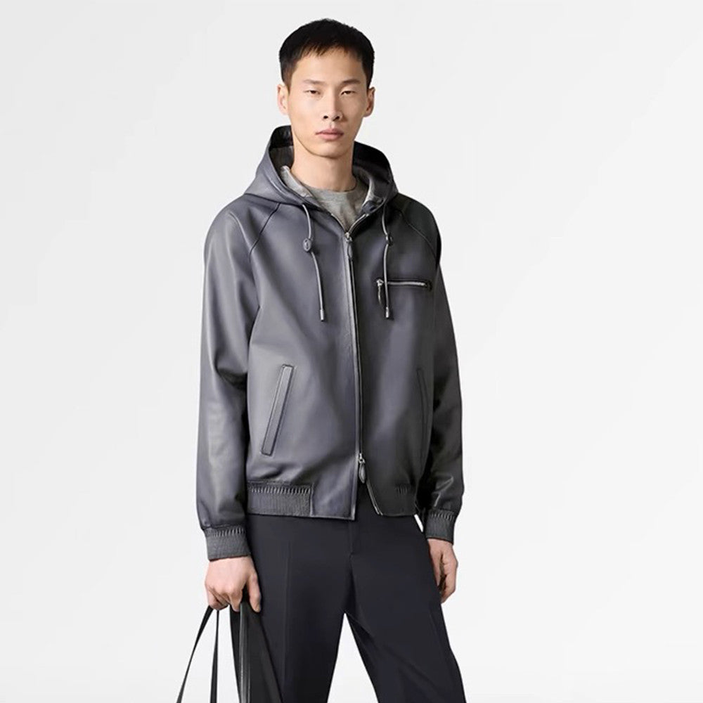Berluti Men's Autumn And Winter Fashion Solid Color Sheepskin Zipper Long Sleeve Casual Alternative Hooded Leather Jacket Ngvp #9183