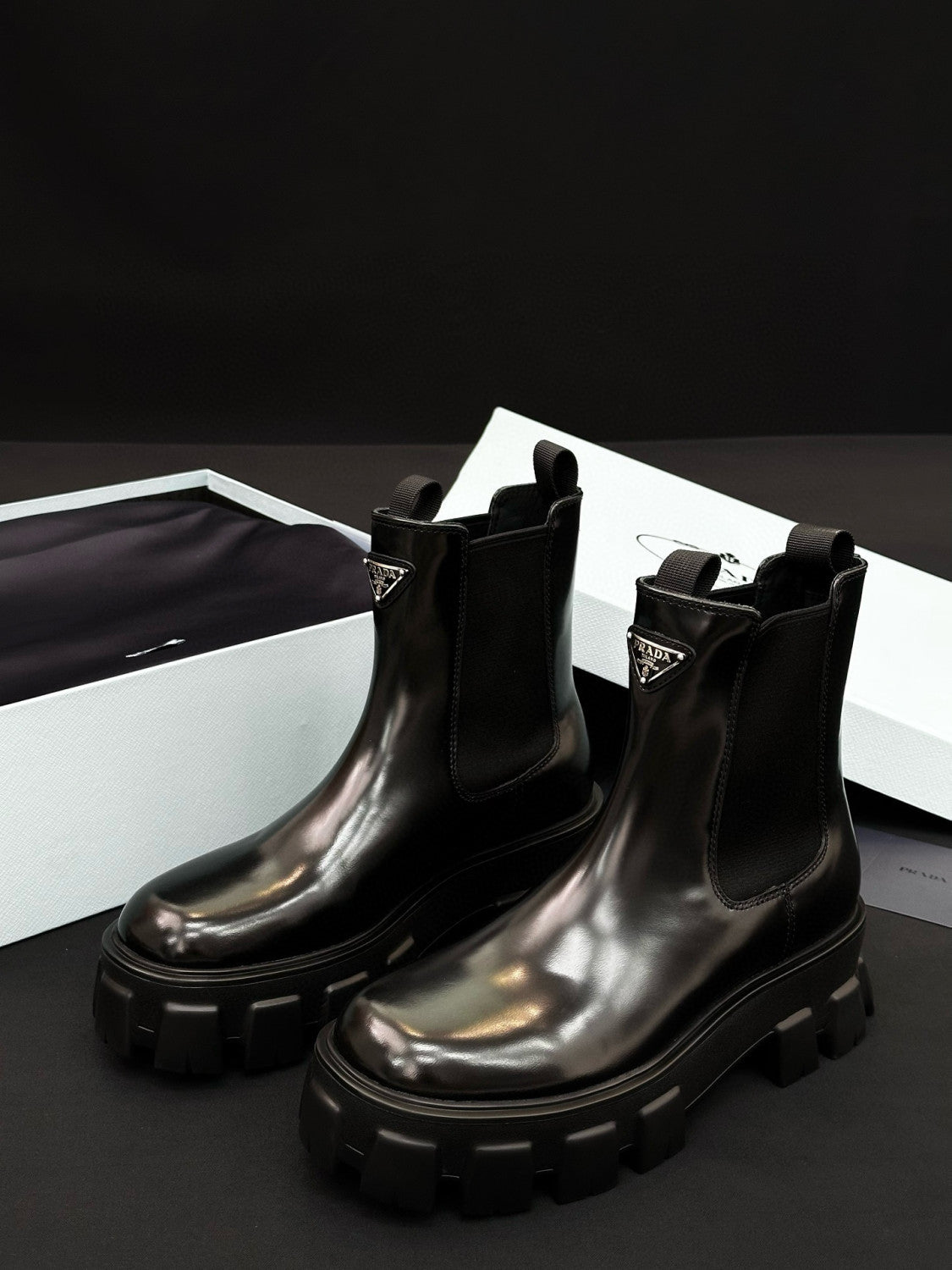 Prada Women's Fall/Winter Fashion Classic Solid Color Round Toe Slip On Leather Ankle Boots Chester Boots with Thick Soles Shoes #78532