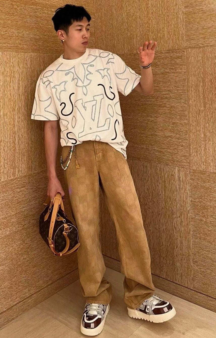 Louis Vuitton Men's Spring And Autumn Damier Collarless Cotton Lettered Jacquard Workwear Jacket Casual Solid Color Work Pants #71922