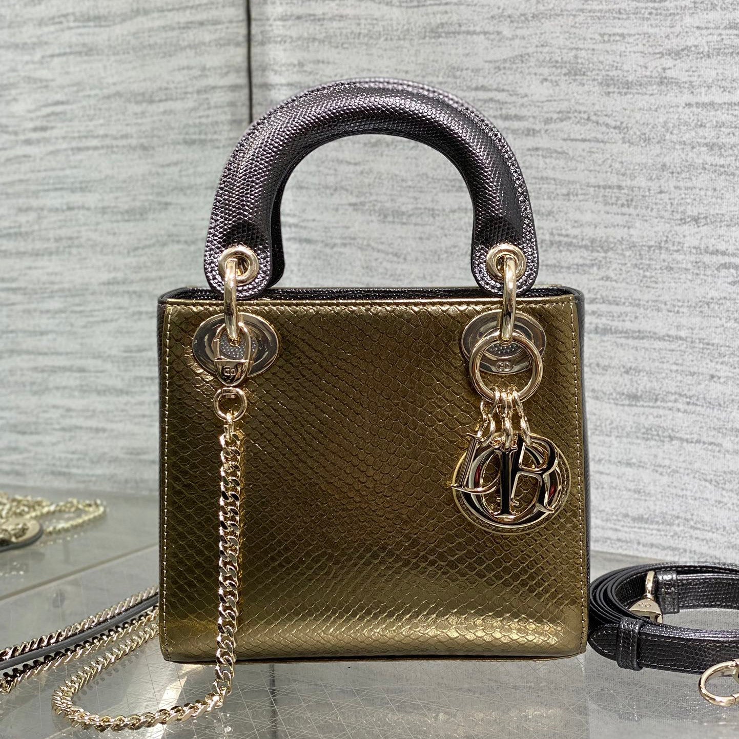 Dior Lady Women's Solid Color Metal Pendant Detachable Chain Shoulder Strap Snake Skin Single Shoulder Crossbody Handbag Bag Bags #77722