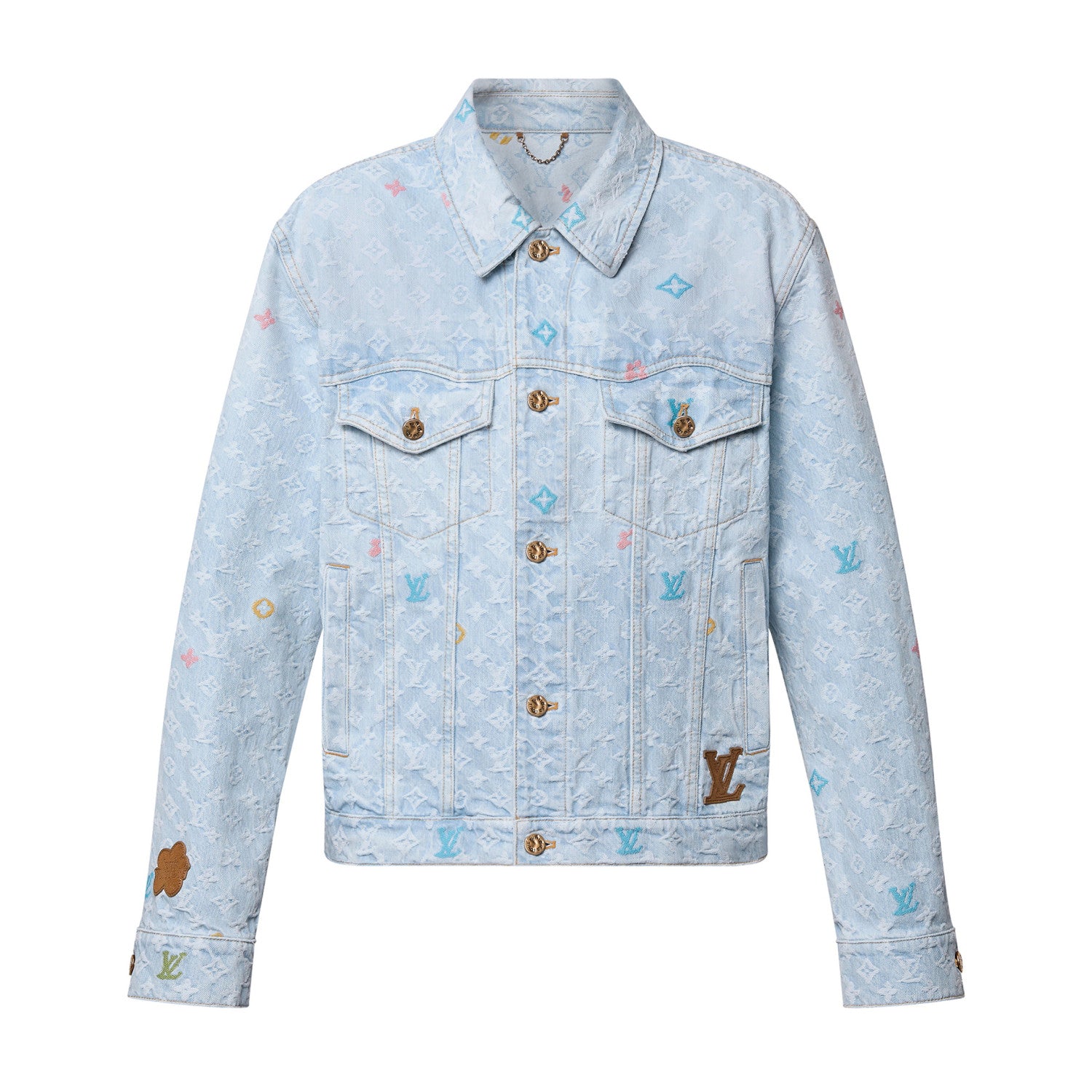 Louis Vuitton Men's Autumn And Winter Light Blue Logo Letters Embroidered Lapel Single Breasted Long Sleeved Denim Jacket Pocket Jeans Pants Set Suit #99427