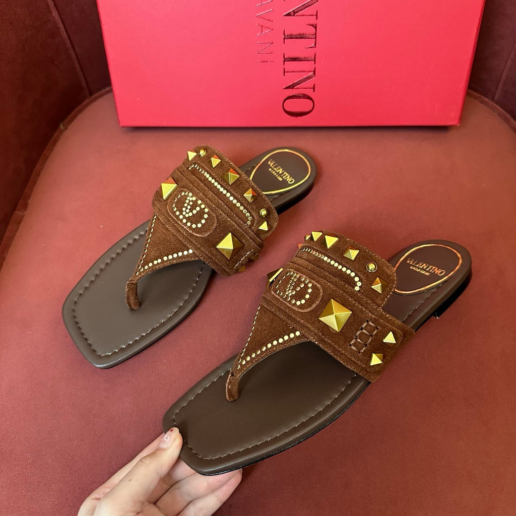 Valentino Women's Summer Solid Color Leather Studded Flat Toe Thong Sandals Slippers Shoes #76982