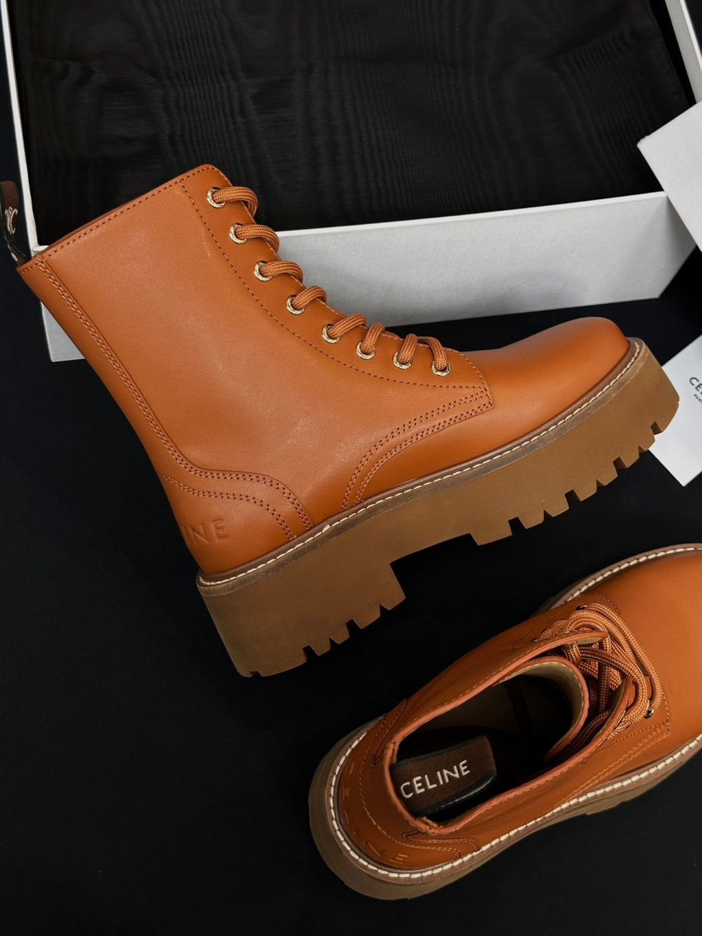 Celine Women's Spring/Fall Fashion Classic Nylon Glossy Leather Lace Up Thick Sole Martin Boots Short Boots Shoes #78277