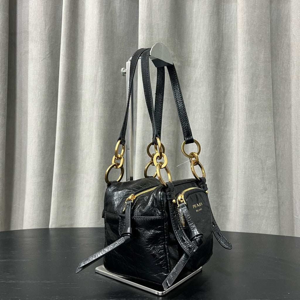 Prada Dangle Women's Black Letter Print Zipper Closure Cowhide Leather Mini Shoulder Bag Bags #75499