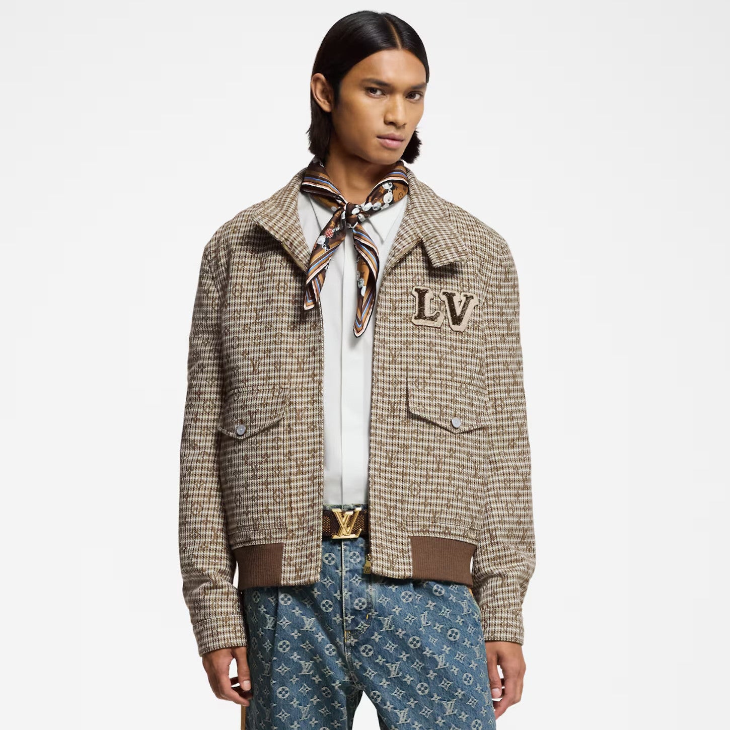 Louis Vuitton Men's Fall And Winter Embroidered Label Plaid Wool Jacquard Drawstring Zipper Long Sleeved Jacket #74488