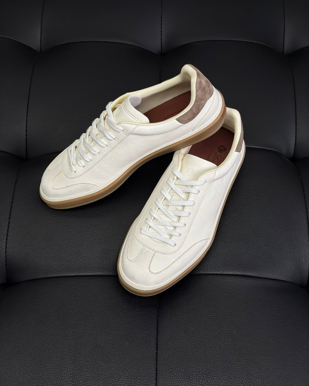 Loro Piana Tennis Walk Men's Solid Color Round Toe Lace-Up Calfskin Low-Top Training Shoes #77437