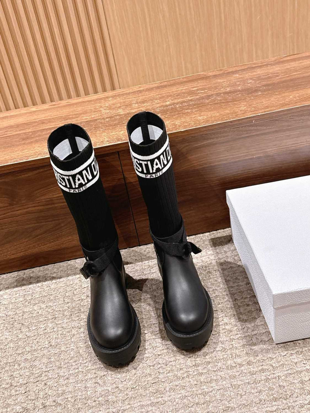 Dior Women's D-Major Ankle Boots Black Calf Leather With Black And White Technical Jersey #332813