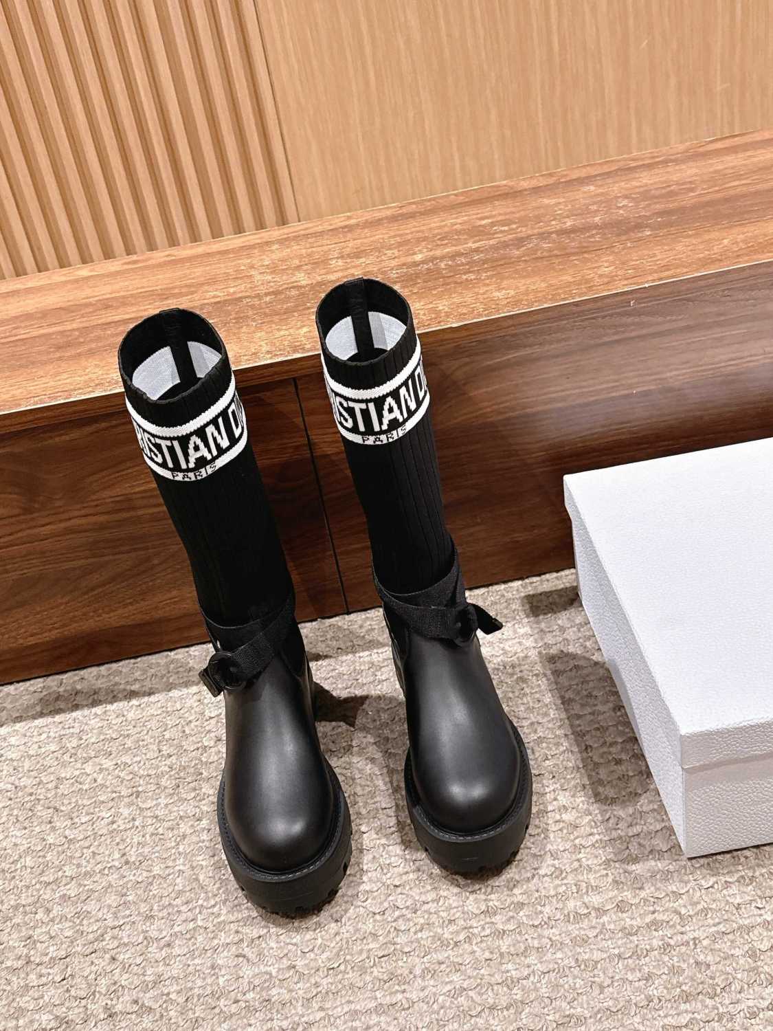 Dior Women's D-Major Ankle Boots Black Calf Leather With Black And White Technical Jersey #332813