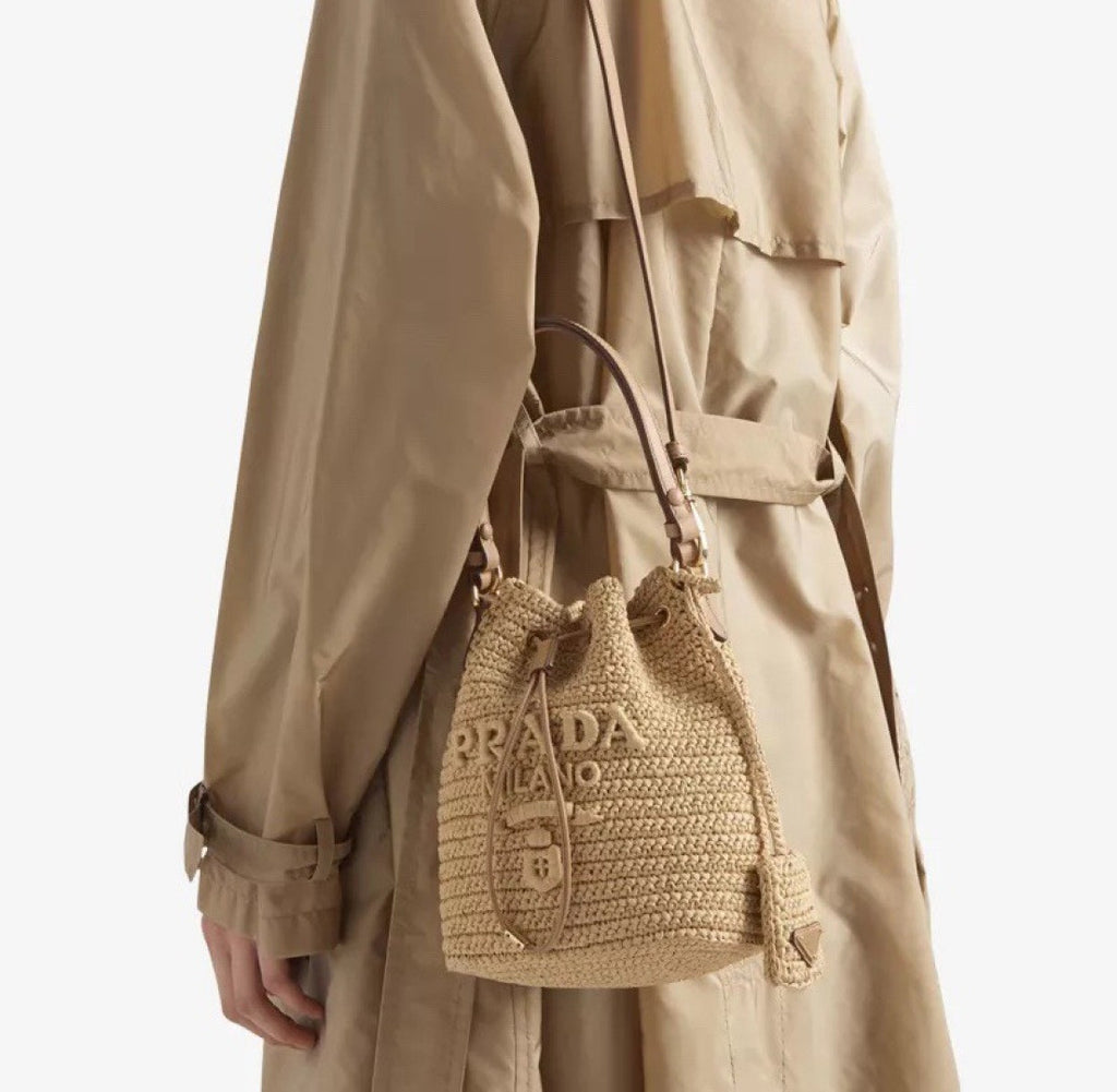 Prada Women's Logo Embroidered Adjustable Detachable Shoulder Strap Lafite Grass Patchwork Leather Bucket Bag Mini Handheld One Shoulder Crossbody Bag  Bags #196301