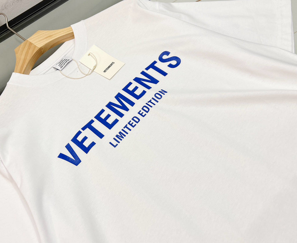 Vetements Men's and Women's Summer Letter Logo Printed Solid Colour Drop Shoulder Short Sleeve T-Shirt #99272